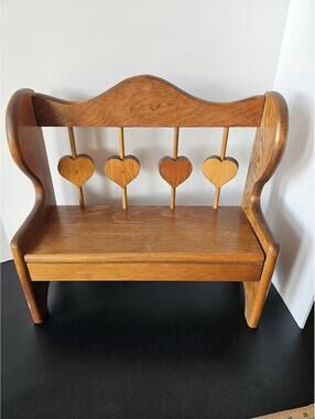 Wooden doll-sized bench or plant stand featuring four heart-shaped cutouts along